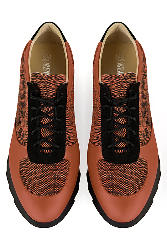 Terracotta orange and matt black women's two-tone elegant sneakers. Round toe. Low rubber soles. Top view - Florence KOOIJMAN